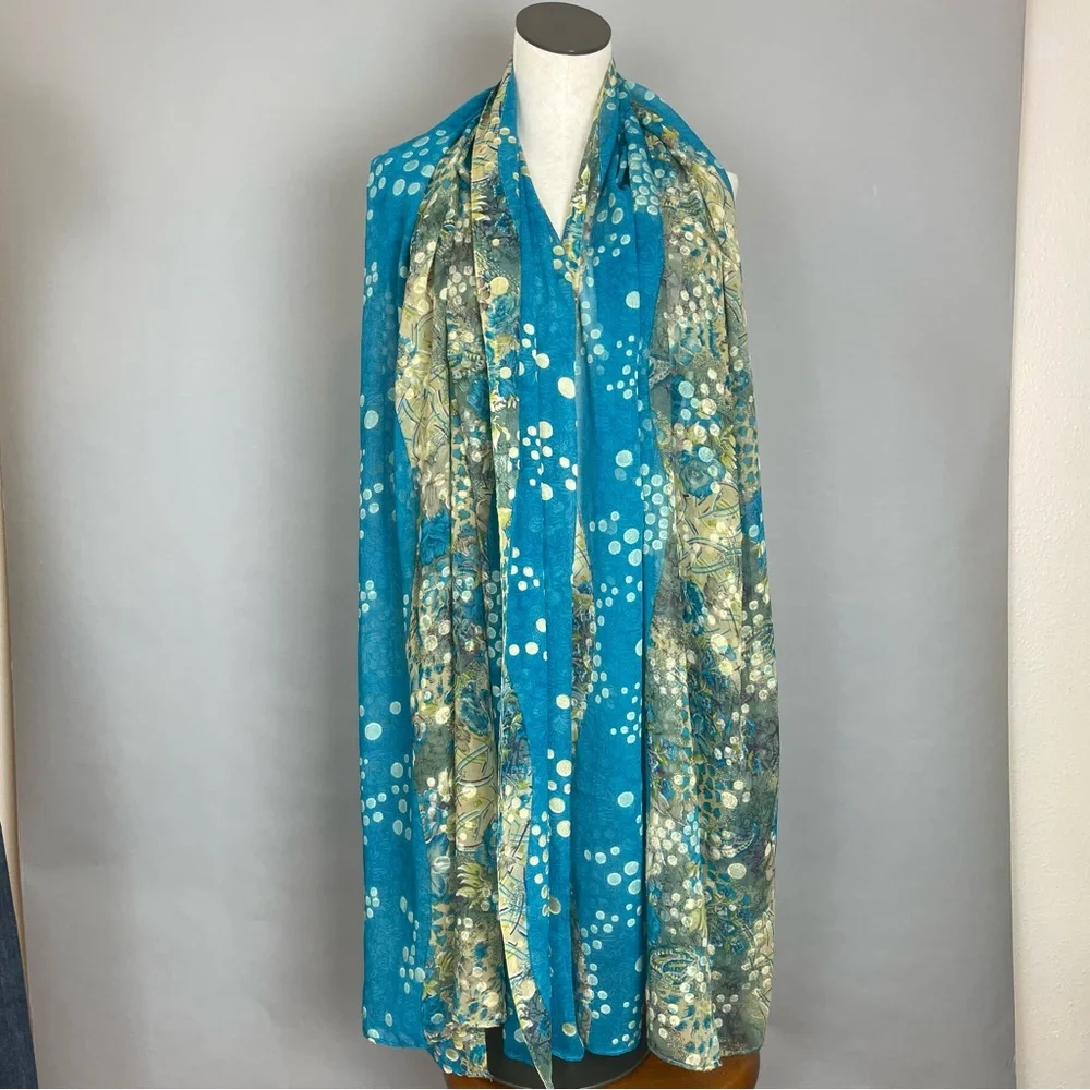 Long Floral Scarf‎ Dots Blue Textured Floaty Women 41x88 Art-to-Wear Boho Roses